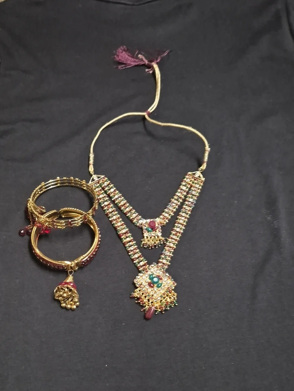 Gold-Tone Multicolor Kundan Necklace Set with Bangles - Pink & Green Accents